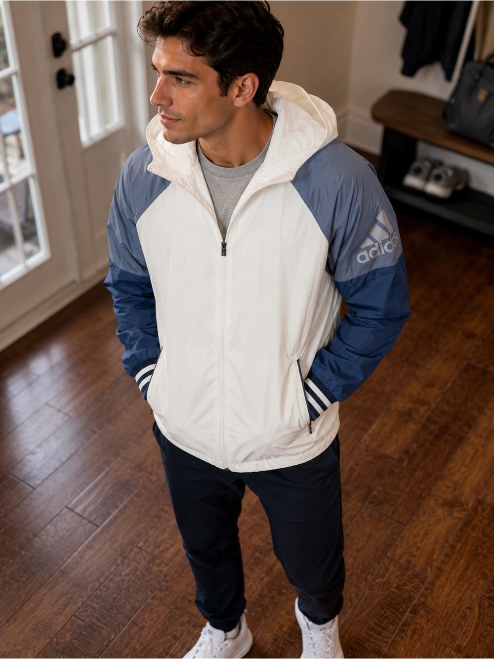 Adidas White and Blue Hooded Windbreaker Jacket - Men's size M